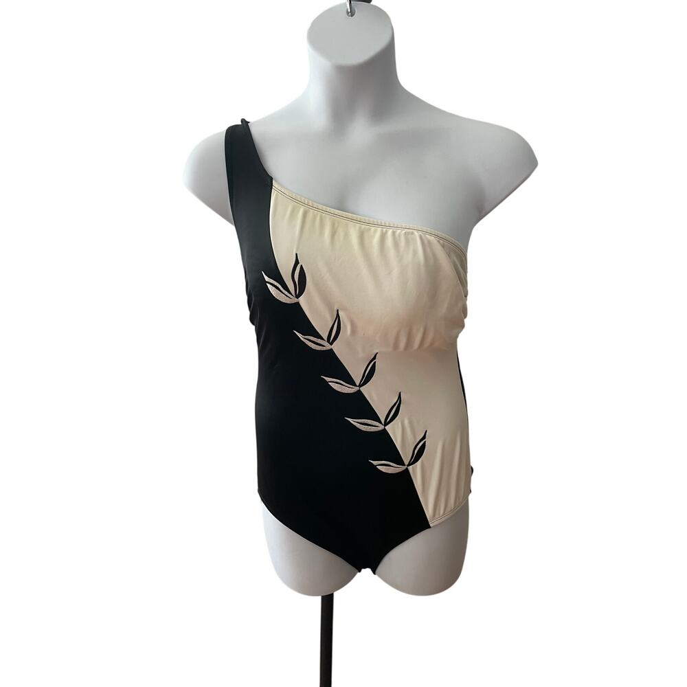 LONGITUDE, SIZE 12, BLACK AND CREAM ONE PIECE SWIMSUIT